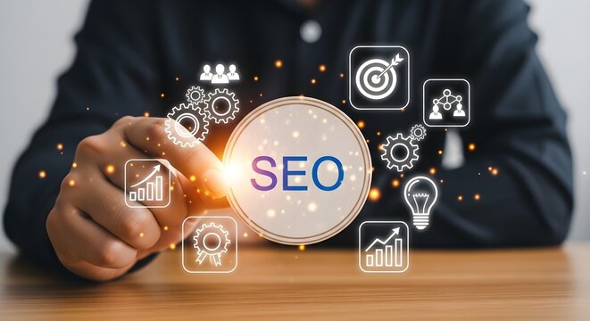 Digital Marketing Strategy with hand pointing at glowing SEO text surrounded by business icons on a wooden desk, ideal for search engine optimization services and marketing agency websites.