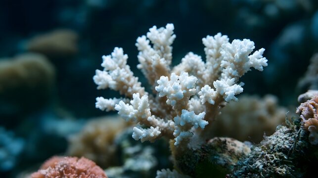 A close up view of a branching coral with white polyps against a dark underwater background  showing marine life detail