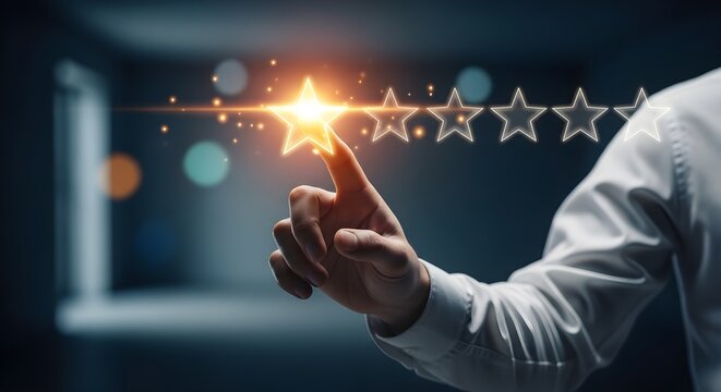 Customer Experience Excellence businessman hand touching glowing five star rating icon on digital interface ideal for service quality marketing and business reputation management.