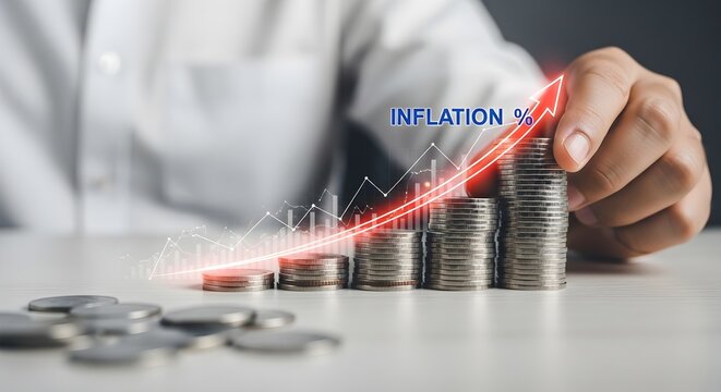 Rising Inflation Concept featuring businessman hand near increasing stacks of coins with a red upward arrow and growth graph, ideal for financial news and economic reports.