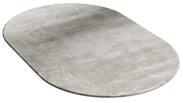 Grey viscose oval rug with handwoven construction, soft silky texture and subtle shifting tones, shown as a 3D render and visualization for elegant modern interiors.