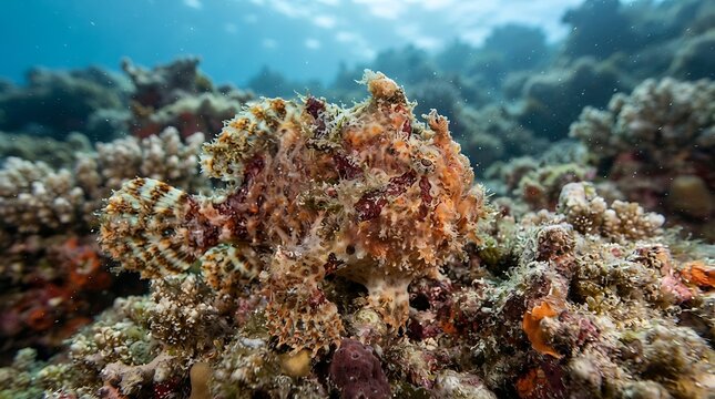 A highly camouflaged stonefish or scorpionfish perfectly blending into the vibrant coral reef ecosystem underwater.