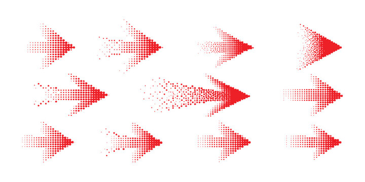 Set of red halftone arrow icons with dissolving speed effect and directional motion vector illustration.