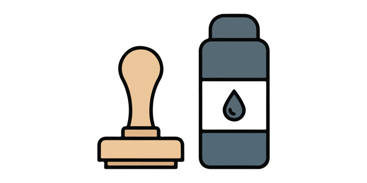 A wooden rubber stamp with a bottle of black ink for office documentation and official business paper stamping