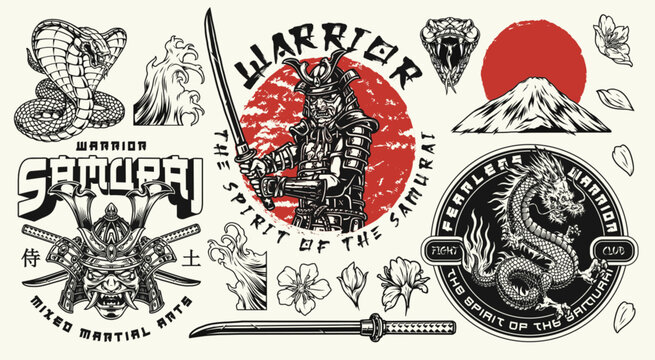 Japanese warrior theme with traditional symbols