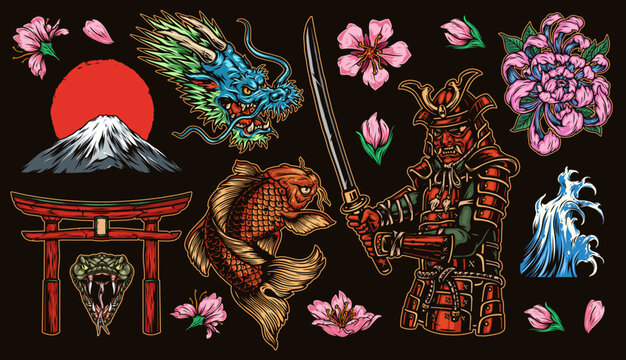 Japanese mountain, torii gate, and dragon design