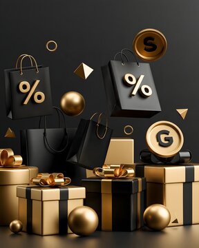 Black Friday social media advertising concept with floating 3D shopping bags, gift boxes, abstract sale symbols and geometric shapes, dynamic contemporary composition, premium black and gold palette,