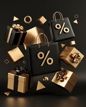 Black Friday social media advertising concept with floating 3D shopping bags, gift boxes, abstract sale symbols and geometric shapes, dynamic contemporary composition, premium black and gold palette,