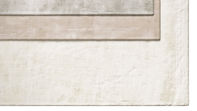Stack of rectangular viscose rugs in different sizes and neutral shades, layered one over another with soft textures and subtle tonal variations, shown as a 3D render and visualization.