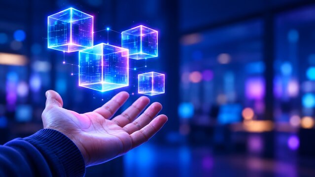 Human hand holding floating holographic glowing data cubes connected in a network representing blockchain technology, decentralized systems, and innovation