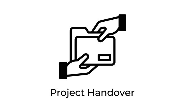 Project handover icon showing files passing between corporate business team workers in minimalist black line art vector design style