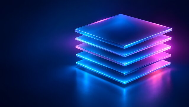 Stacked glowing translucent glass layers in neon blue and purple representing software architecture, data hierarchy, and modern technology stack