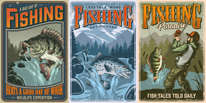 One depicts a large, spiny fish leaping from water