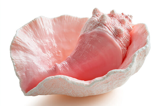 Single pink conch seashell on a white background close up with pink shell