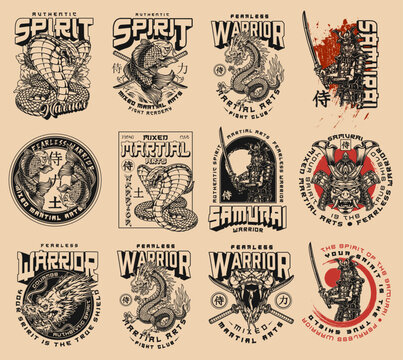 Graphic elements include dragon, samurai
