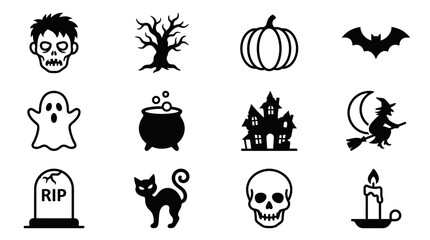 Fototapeta premium Elegant Black and White Halloween Themed Icon Set Featuring Spooky Symbols Ghosts Skulls and Classic Decorations