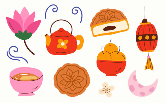 Mid Autumn Festival Element Set, Hand Drawn Mooncake Lotus Flower Teapot Lantern Oranges Half Moon Clip Art, Cute Flat Vector Illustration For Banner Poster Card Greeting Invitation Sticker Printing