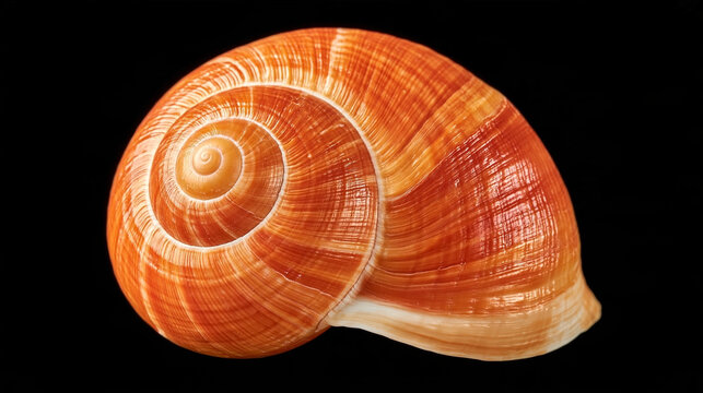 Single spiral land snail shell with orange and brown stripes on black