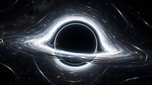 Monochrome Supermassive Black Hole with Glowing White Accretion Disk in Deep Space