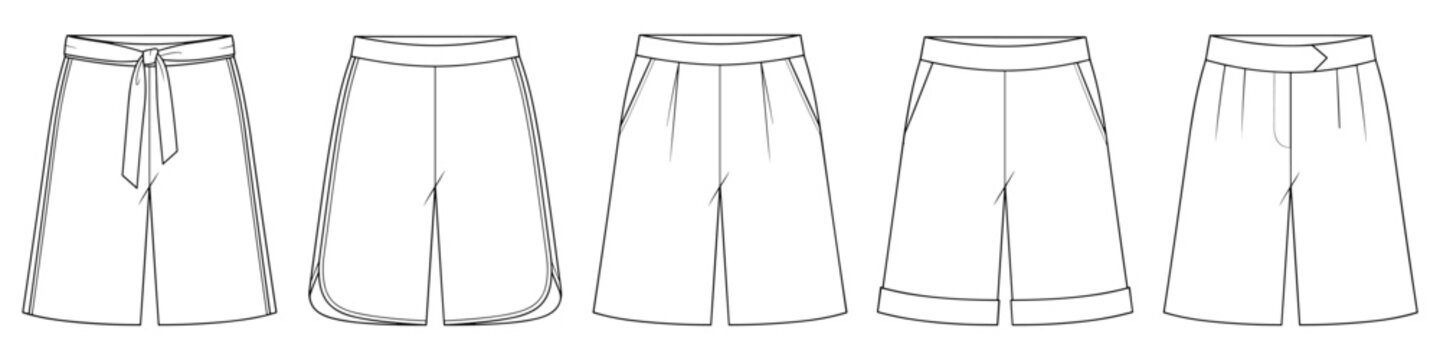 Set of 5 different mens pleated chino bermuda shorts fashion flat sketch vector illustration technical cad drawing template