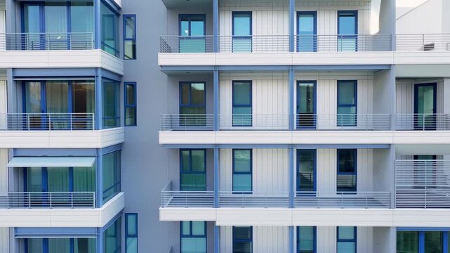Modern residential building facade moves upward in frame as viewpoint glides downward past stacked balconies, blue-framed windows, pale cladding, metal railings, and clean geometric lines