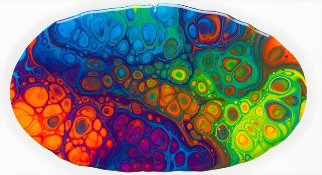A "dirty pour" acrylic paint puddle with vibrant cells and swirls, flattened on white paper.