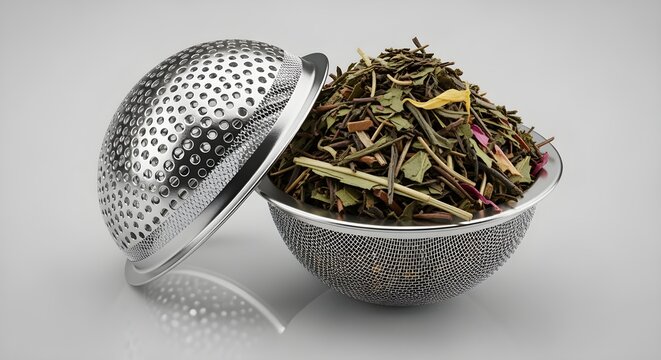 A pile of loose-leaf tea in a stainless steel infuser ball, isolated.