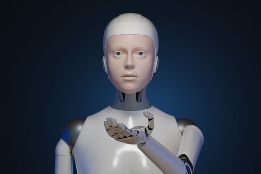 Portrait of a female humanoid robot extending her hand. 3d illustration.