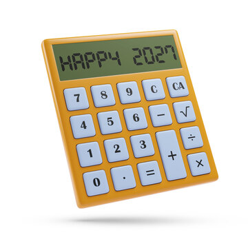 Calculator with the text Happy 2027 on its screen. 3D illustration.