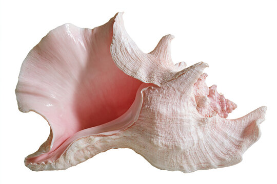 Single large pink conch shell isolated on white background with marine life