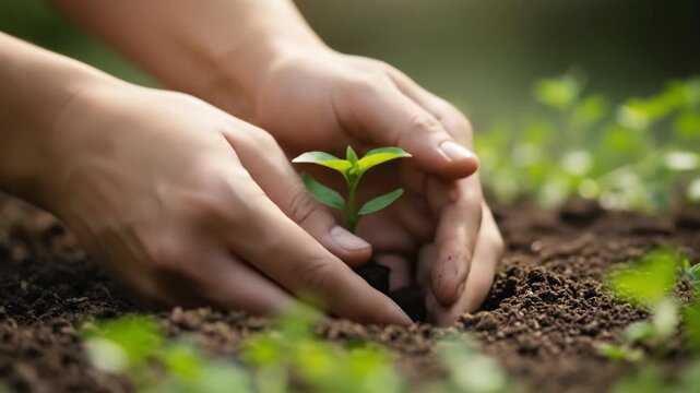 Hands Carefully Planting a Young Seedling in Fertile Soil.