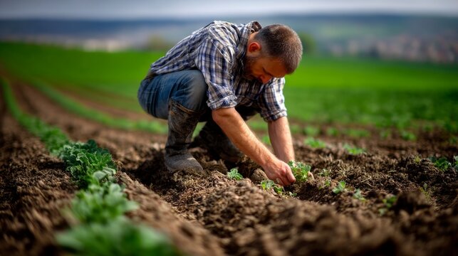 Harvesting Under the Sun: Farmer Tending Crops in a Vast Field with Artistic Tilt-Shift Effect
