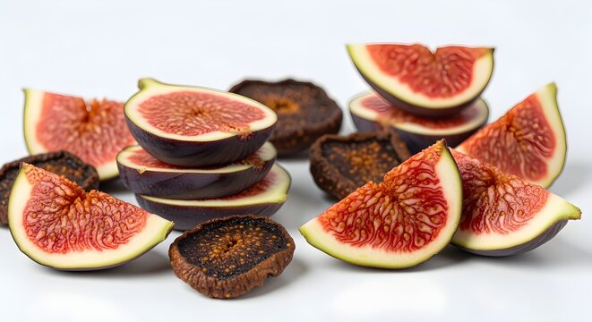 Fig slices fresh and dried combo, isolated white background