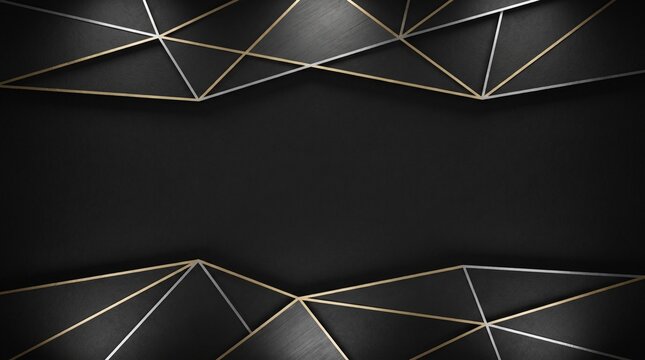 Luxury black background with gold geometric line pattern, elegant dark polygon backdrop for web design and presentation