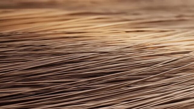 Dense brown fibers form flowing parallel layers in extreme close-up as soft highlights drift across fine strands, revealing warm copper tones, shallow focus, and tactile surface texture