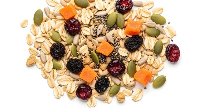 Granola mix with oats, seeds, and dried fruits, isolated white background