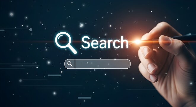 Digital Search Optimization Concept with hand using stylus to interact with glowing search bar and magnifying glass icon on dark bokeh background ideal for SEO marketing and web development.
