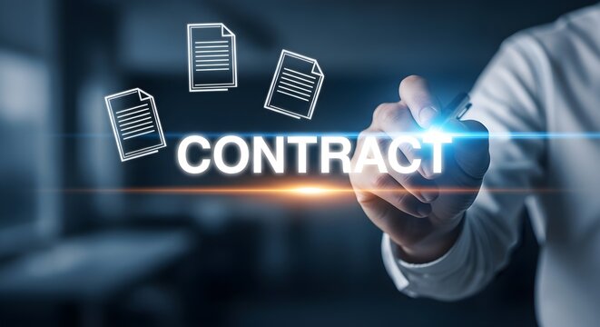 Digital Contract Management with businessman hand signing virtual document with glowing text and icons ideal for legal technology, corporate law, and electronic signature services.