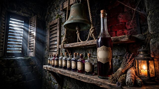 Antique apothecary potion bottles with ornate blank labels on wooden shelves in an old stone bell tower with a hanging bronze bell