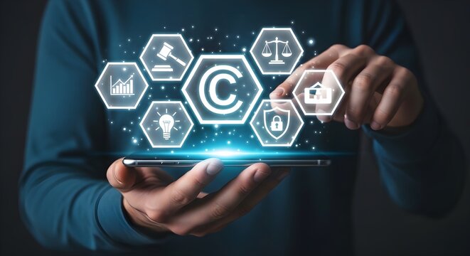 Intellectual Property Protection with hands holding smartphone and glowing copyright legal icons in hexagonal frames, ideal for legal services and digital rights management.