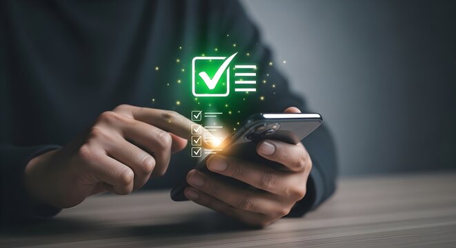 Digital Quality Assurance with hands holding smartphone featuring glowing green checkmark and checklist interface, ideal for business productivity apps and quality control marketing.