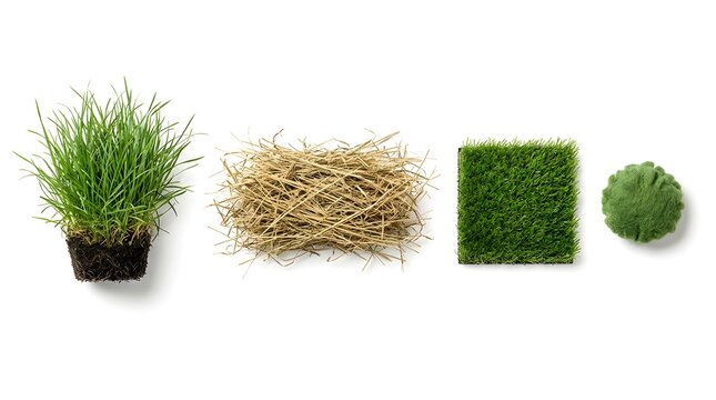 Collection of a tuft of green grass with roots, a pile of hay, a square of artificial turf, and a green felt ball on a white background