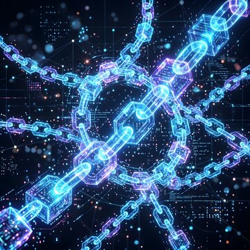 Digital blockchain network concept with glowing blue and purple chain links and data blocks against a futuristic background of binary code and cybersecurity elements.