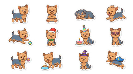 Obraz premium Yorkshire Terrier Yorkie Vector Clipart Bundle, 12 Cute Character Poses Sheet Isolated on Transparent Background PNG