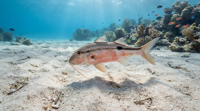 A red-banded goatfish with barbels swims over a sandy seabed with coral reefs in the clear blue ocean.