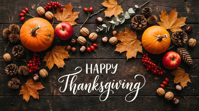 Festive thanksgiving flat lay with pumpkins apples berries leaves and calligraphy text