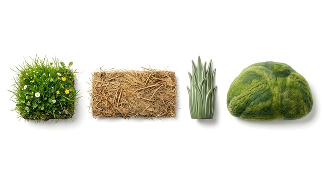 Arrangement of a square patch of green grass with flowers, a bale of hay, a decorative grass object, and a green felt ball on a white background