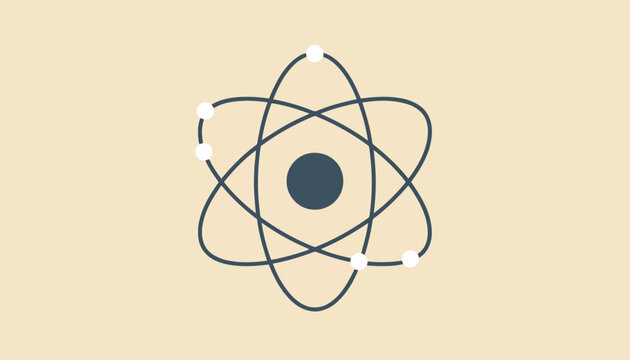 Scientific atomic structure model showing a dark central nucleus with intersecting electron orbits and white particle dots.