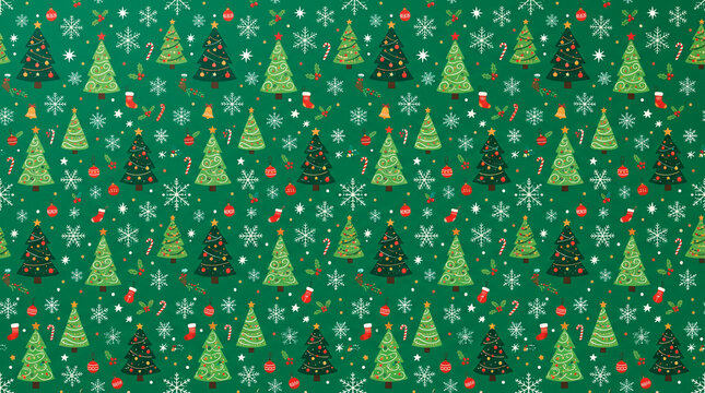 Green Christmas seamless pattern with decorated fir trees, snowflakes, bells and festive ornaments