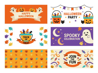 Fototapeta premium Spooky Halloween social media banner set featuring cute cartoon ghosts, pumpkins, and candies vector illustration